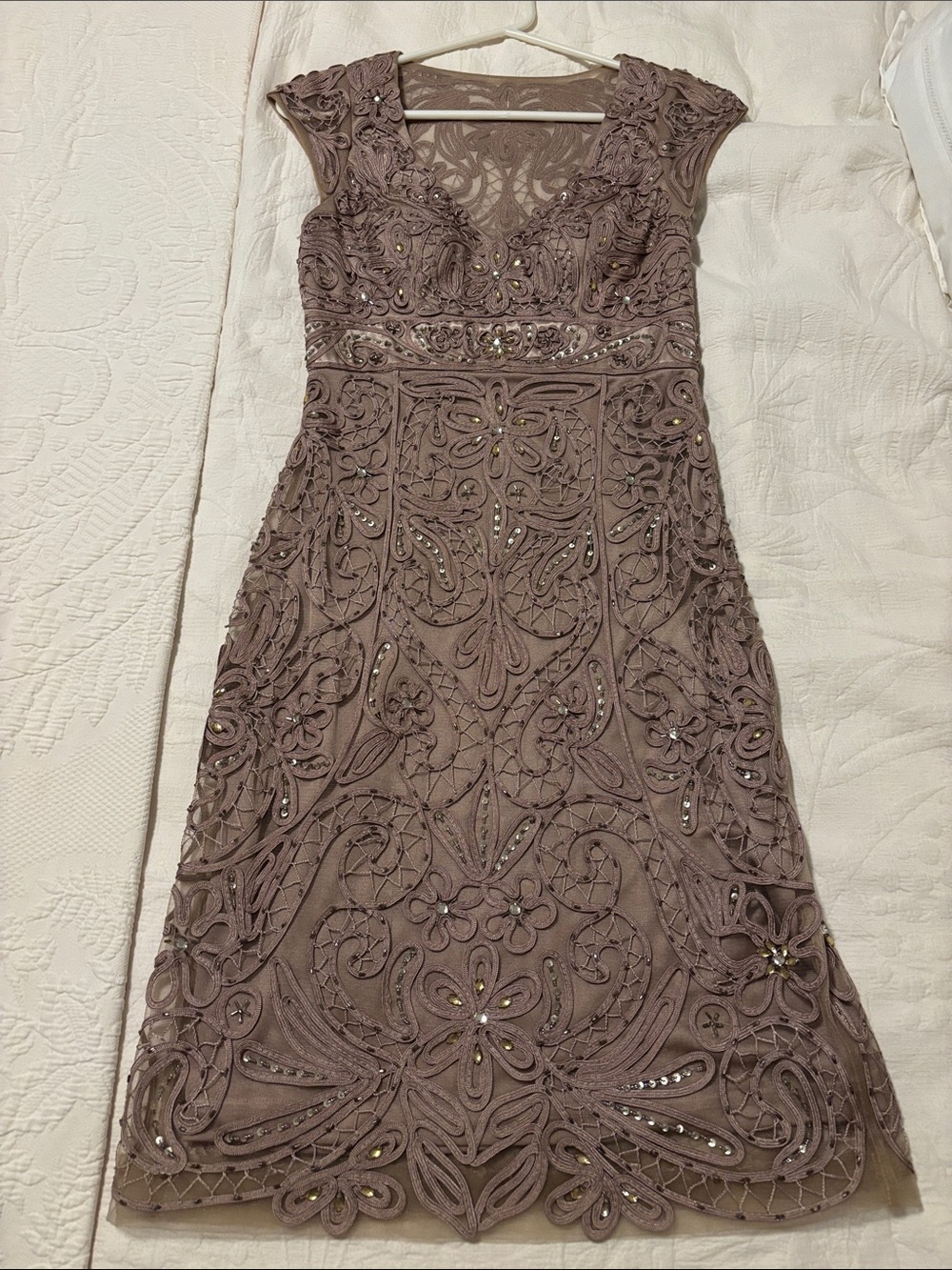 Sue Wong Embellished Lace Midi Dress in Taupe